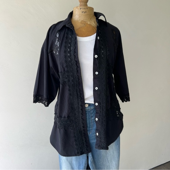 Tricia Fix for re_nuuly upcycled Black Lace Trim Button-Up Shirt sz M - Picture 6 of 12